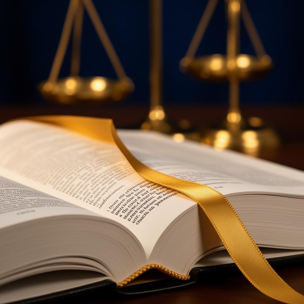 Livro de direito aberto com marcador dourado e balança da justiça ao fundo